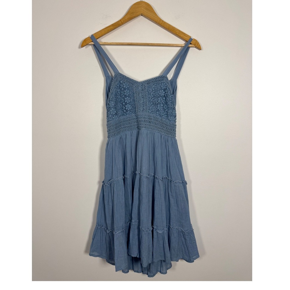 Boho Rare Editions Girls Size 12 Tiered Crochet Lace Mini Dress Dusty Blue